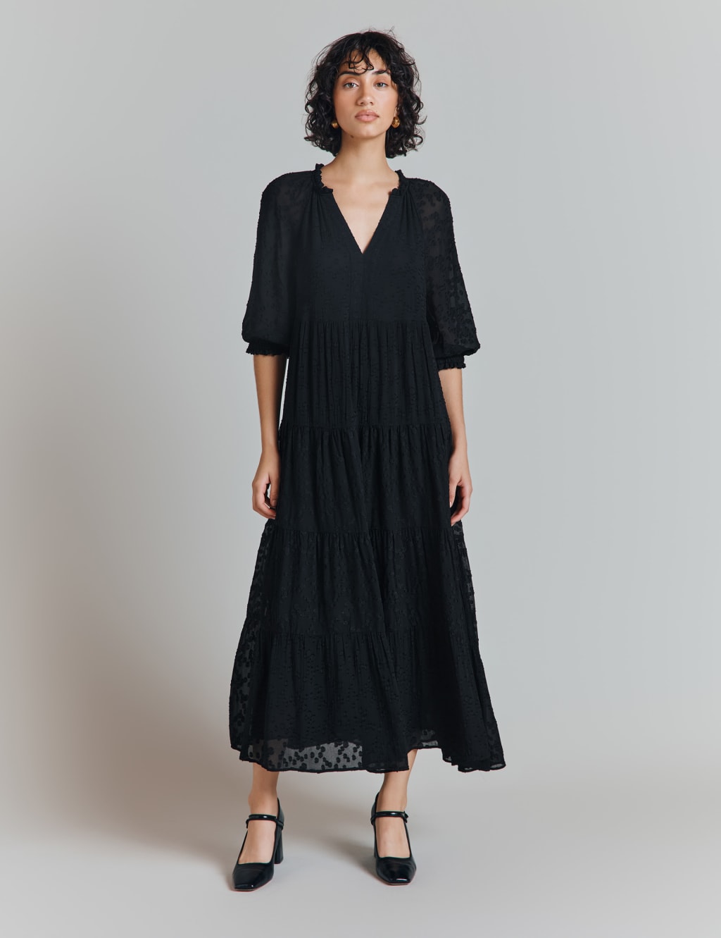 Jacquard V Neck Midi Tiered Dress