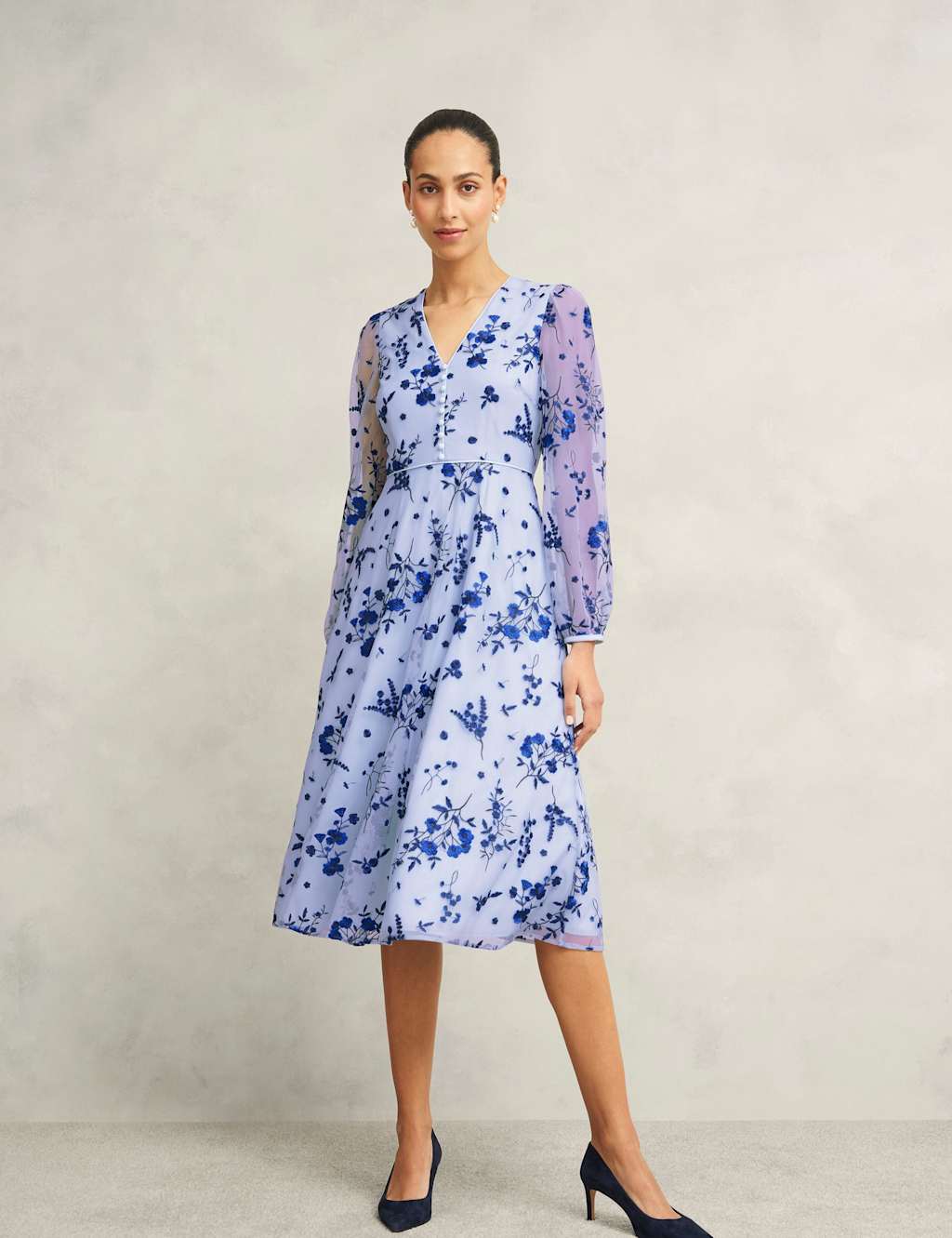 Embroidered V-Neck Midi Skater Dress 3 of 8