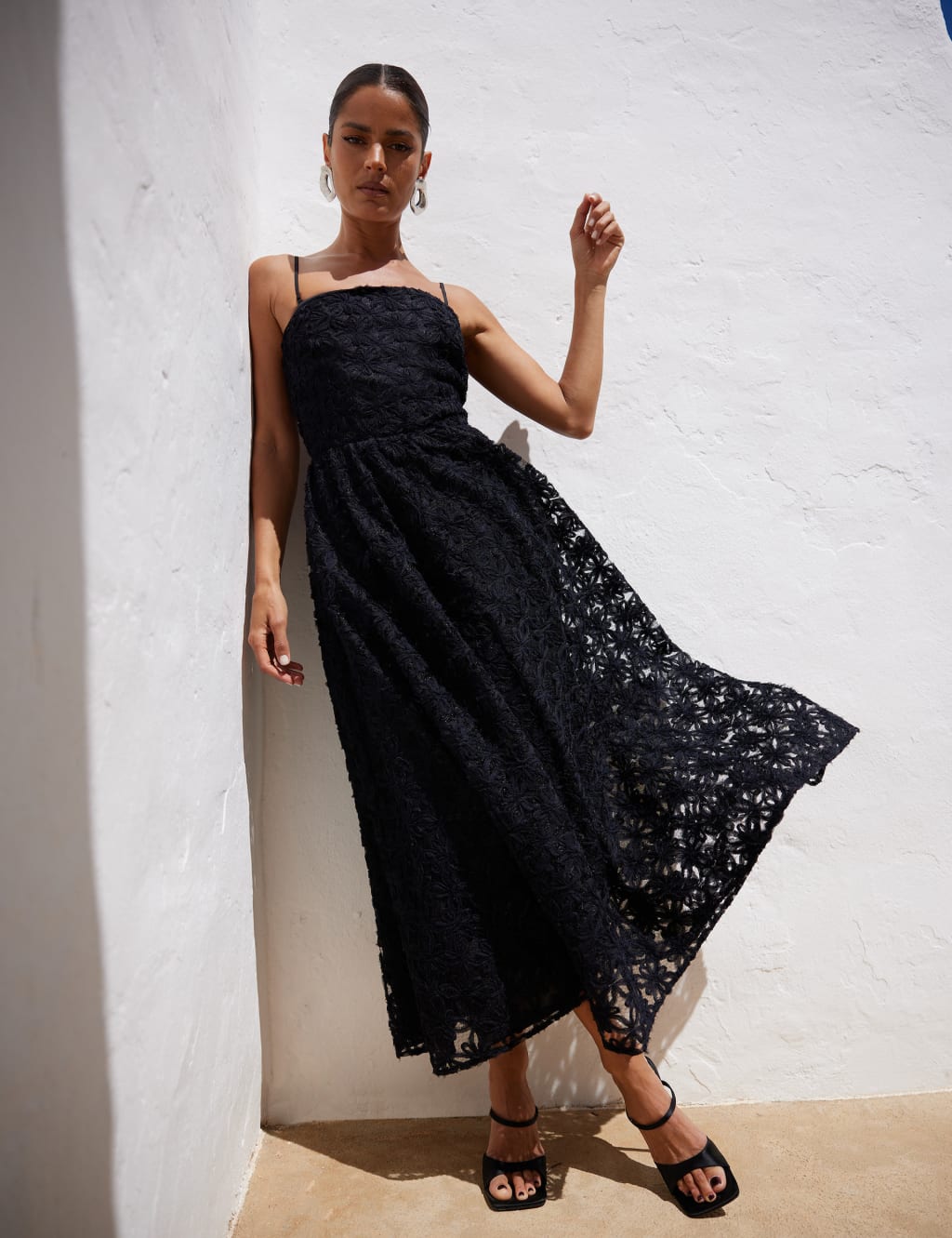 Embellished Square Neck Midi Waisted Dress