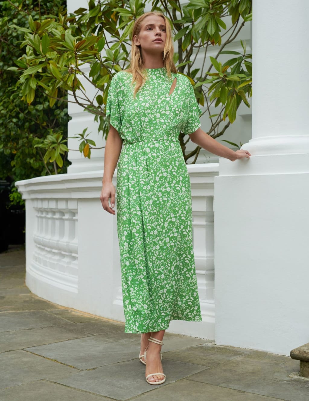Ditsy Floral High Neck Midi Waisted Dress