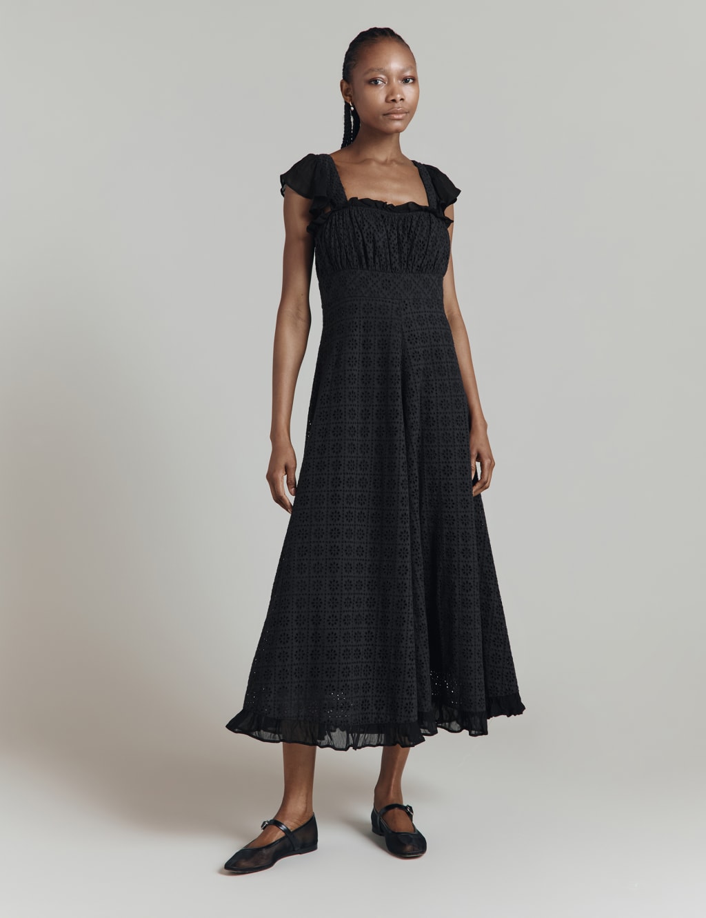 Pure Cotton Broderie Midaxi Waisted Dress Ghost M S