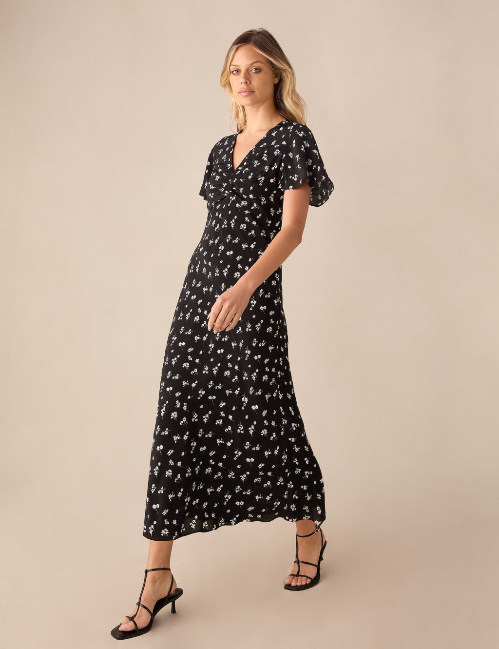 Floral Angel Sleeve V Neck Midi Tea Dress