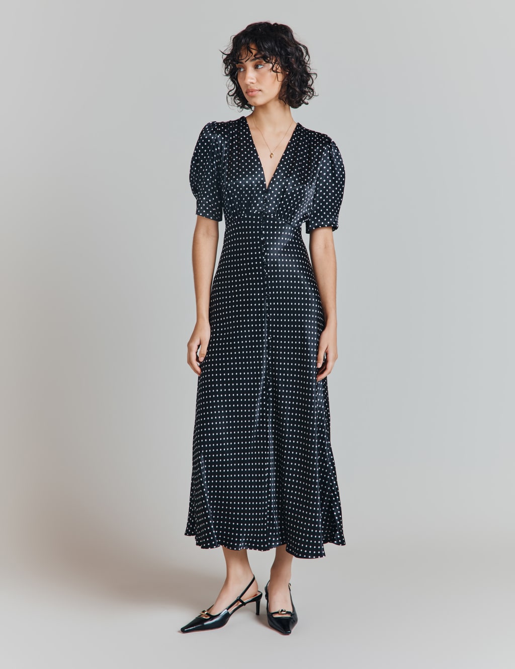 Satin polka dot wrap dress on sale