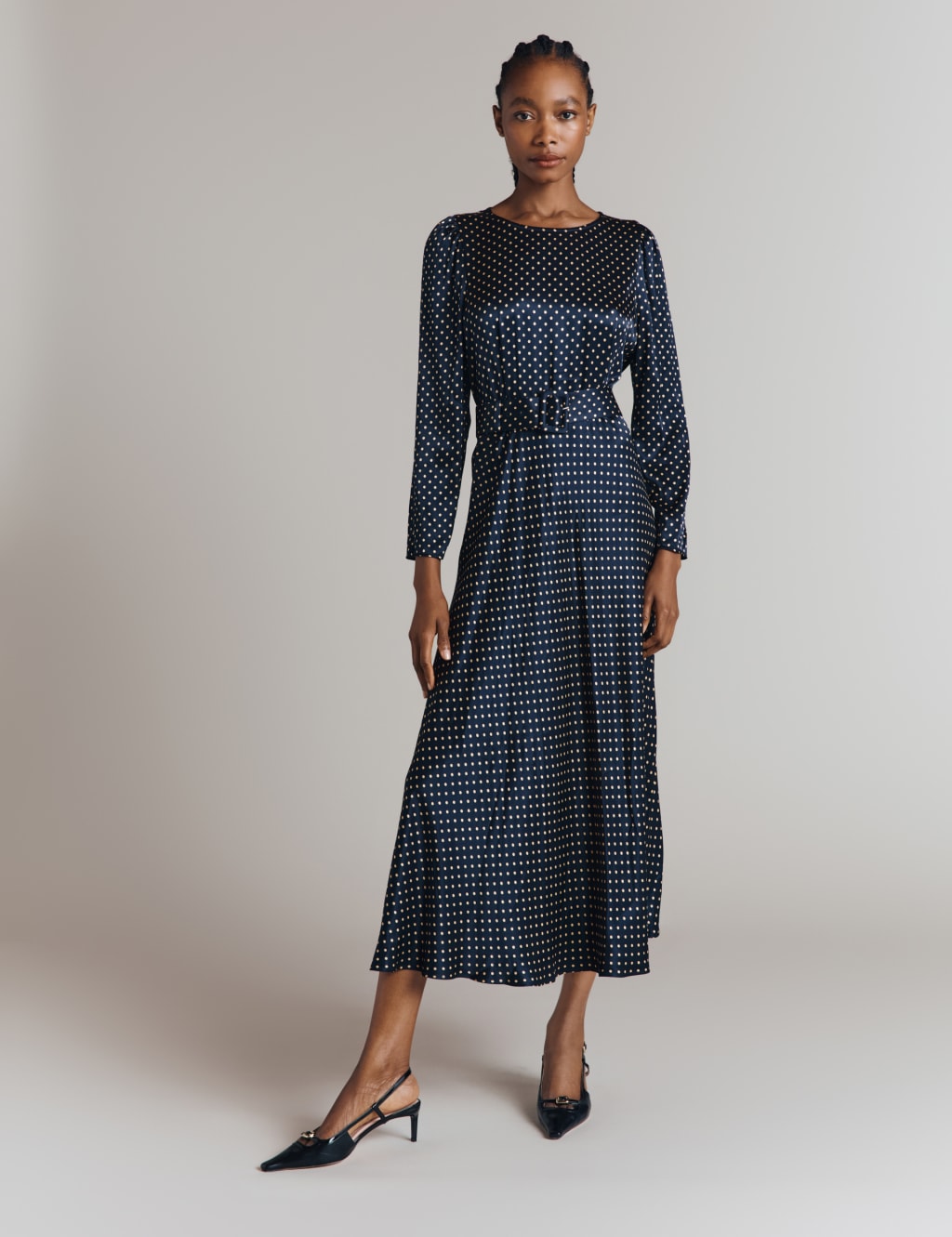Satin Polka Dot Midi Waisted Dress
