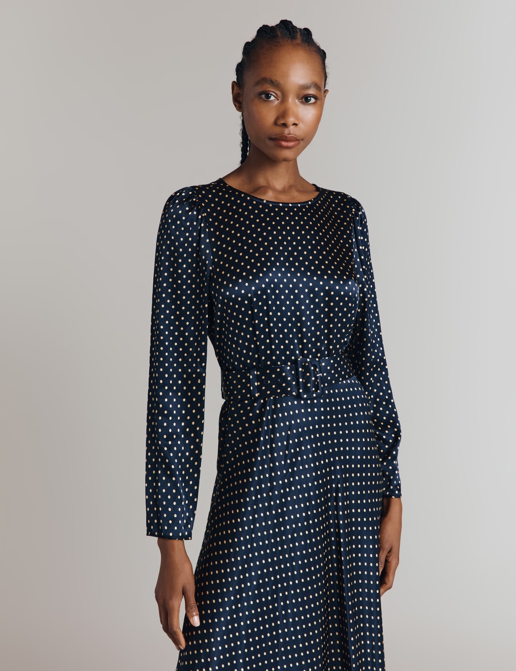 Satin polka dot midi dress online