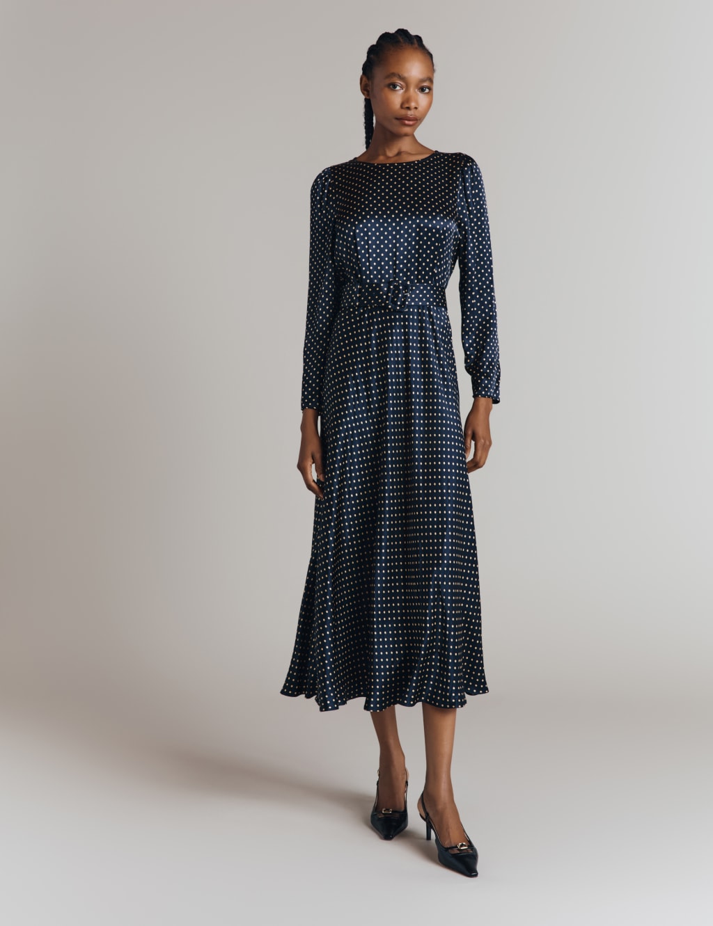 Satin Polka Dot Midi Waisted Dress Ghost M S