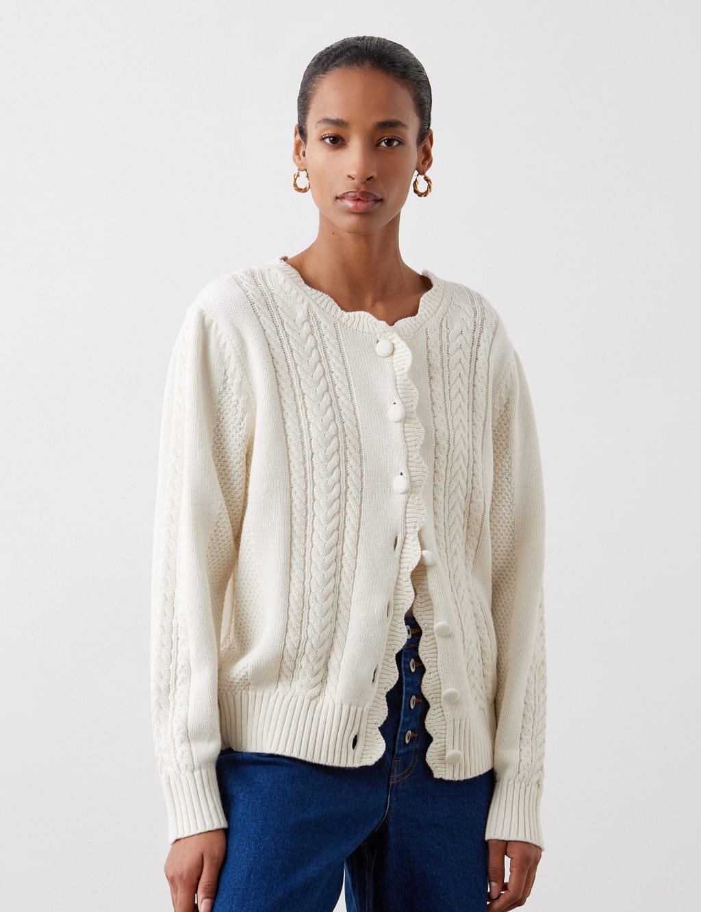 Textured Crew Neck Cardigan with Wool