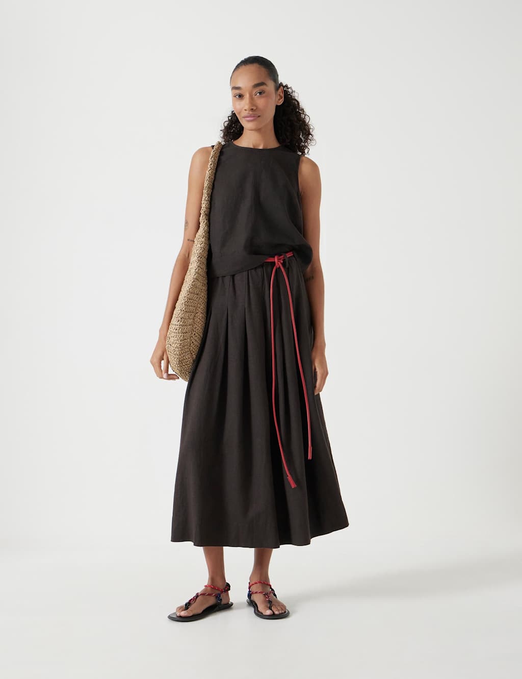Linen Blend Pleated Midi A-Line Skirt 4 of 5