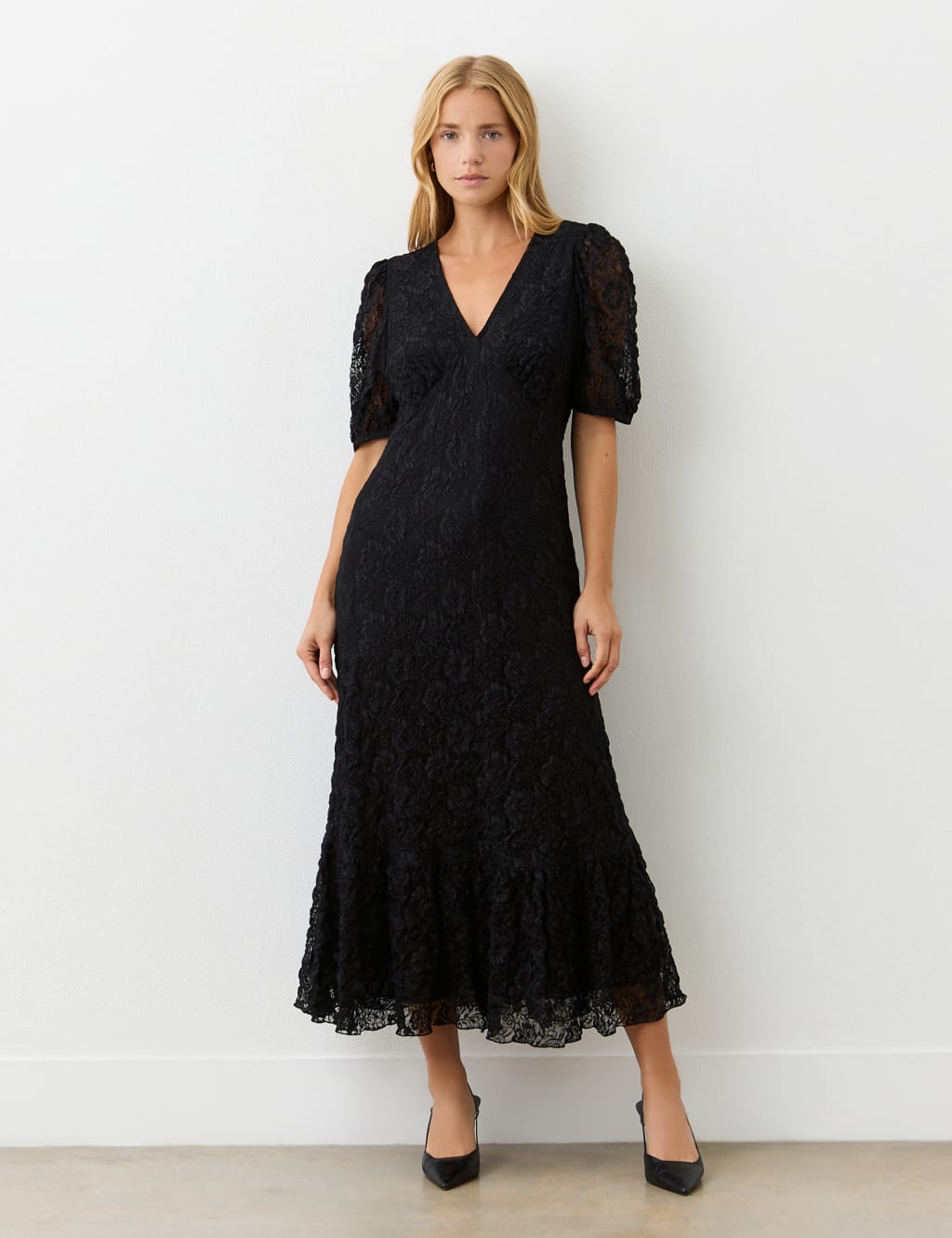 Textured Tiered Midi Dress with Lace Trim