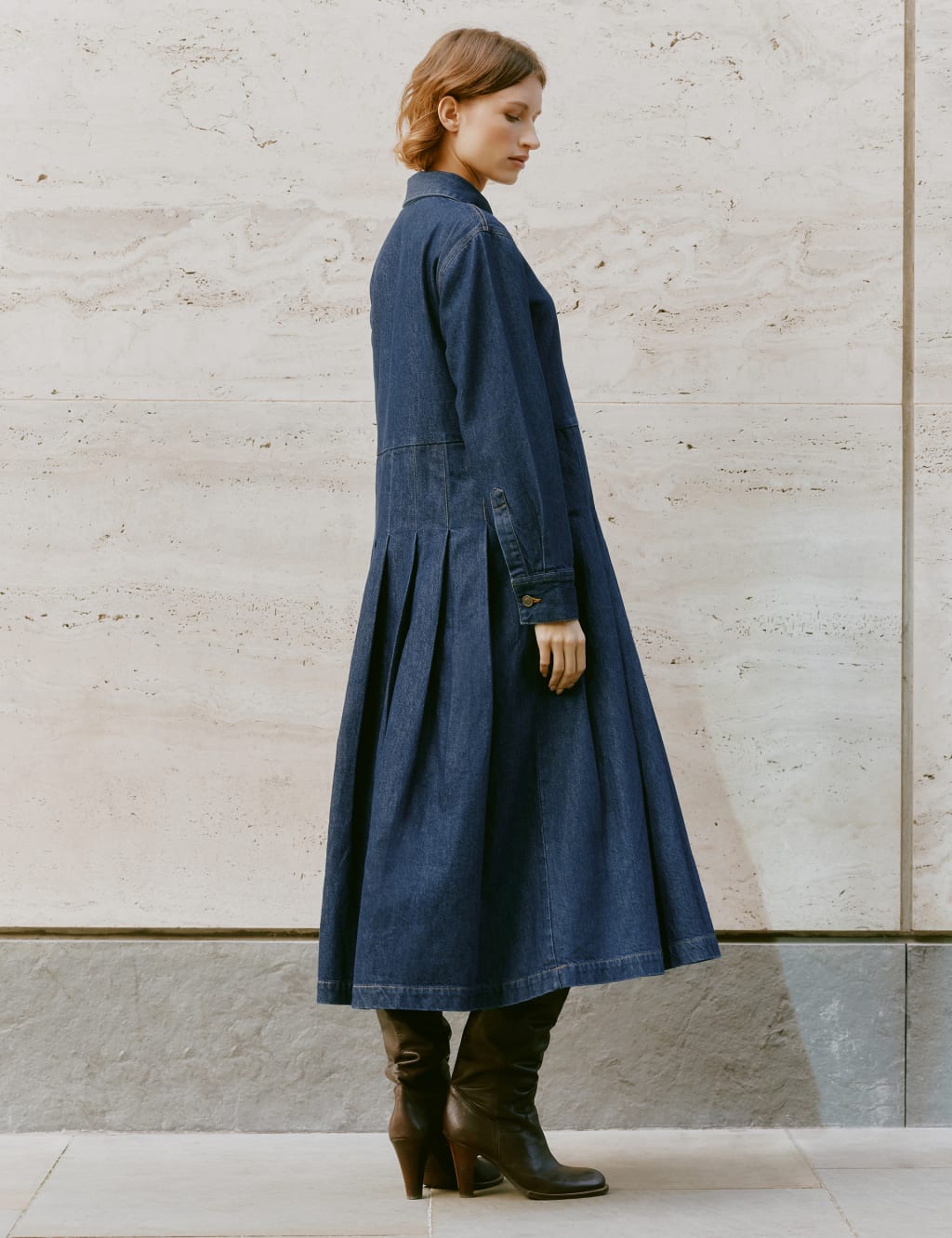 Denim Pleated Midi Shirt Dress 4 of 5