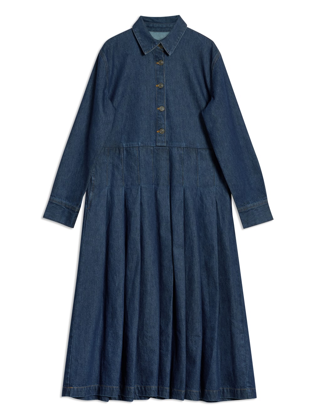 Denim Pleated Midi Shirt Dress 2 of 5