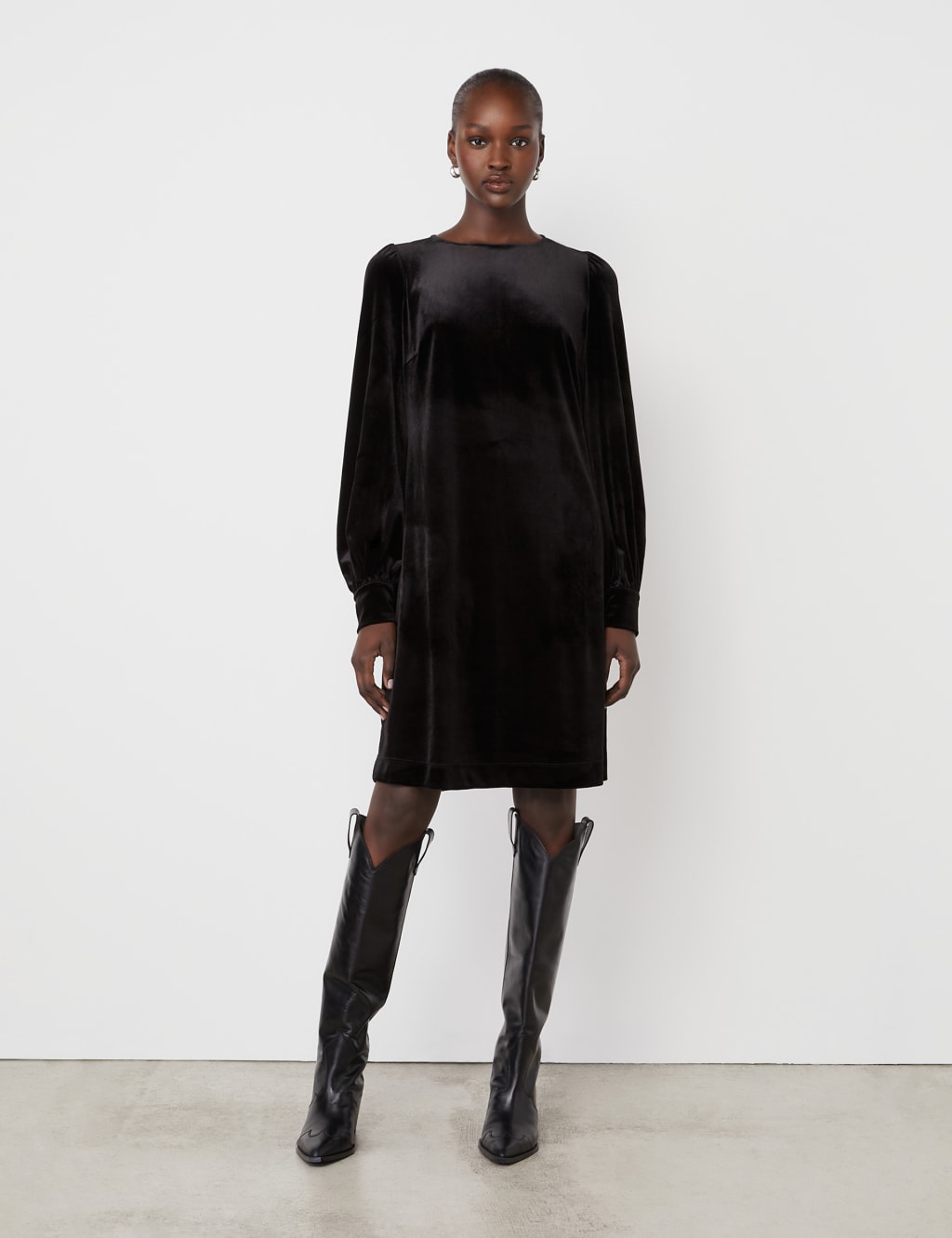 Velvet Round Neck Knee Length Smock Dress