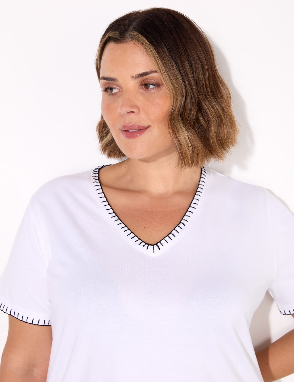 Cotton Rich V-Neck Stitch Detail T-Shirt 2 of 5