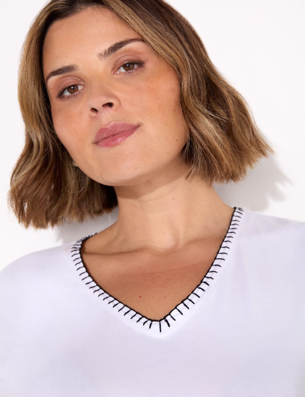 Cotton Rich V-Neck Stitch Detail T-Shirt 3 of 5