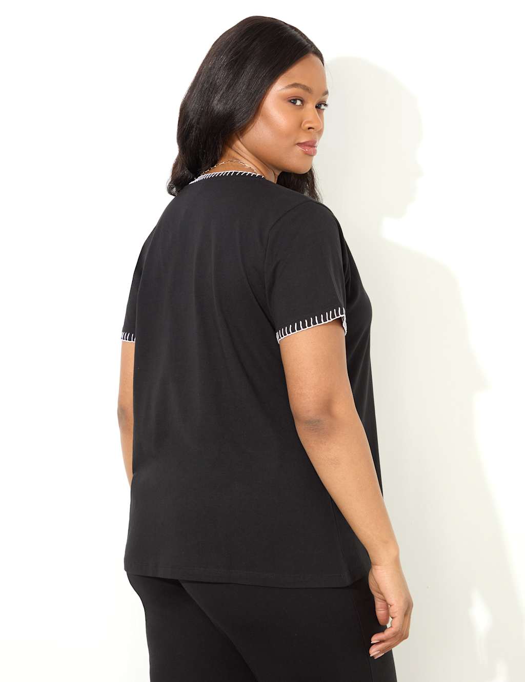 Cotton Rich Stitch Detail V-Neck T-Shirt 3 of 3
