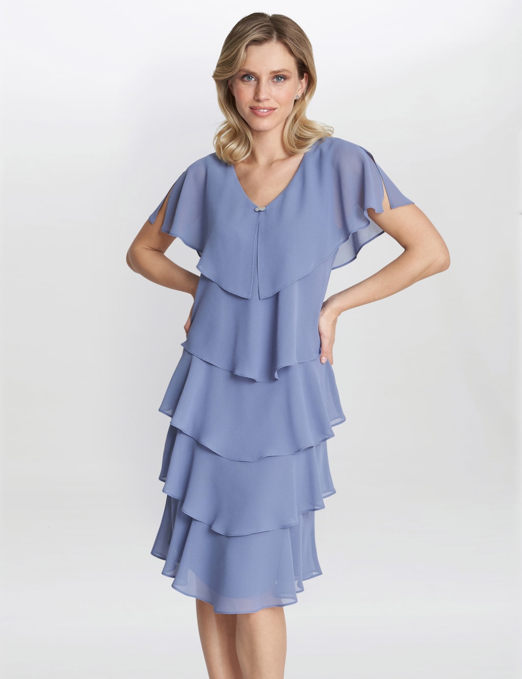 Sheer V-Neck Ruffle Knee Length Shift Dress 1 of 7