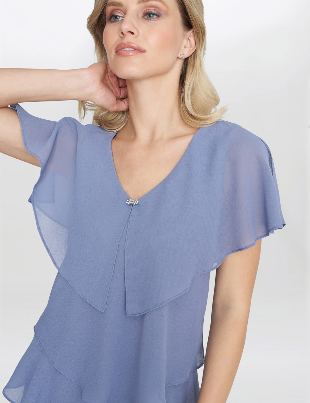 Sheer V-Neck Ruffle Knee Length Shift Dress 5 of 7