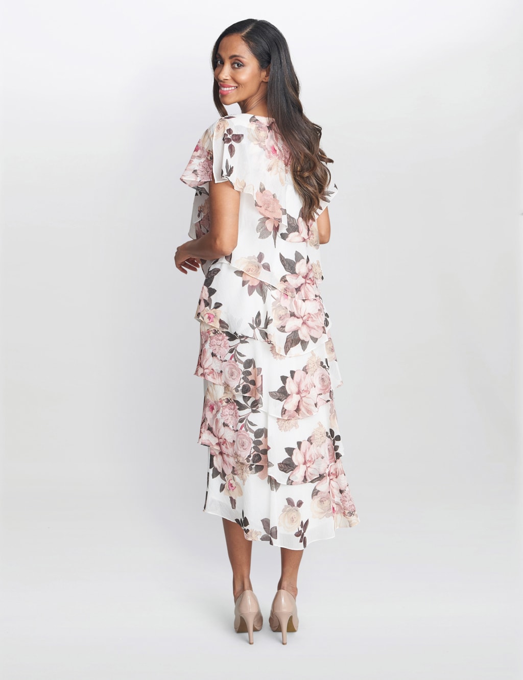 Chiffon Floral Round Neck Midi Tiered Dress 3 of 5