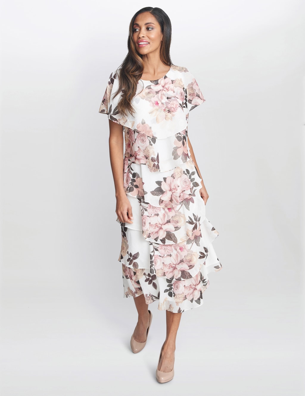 Chiffon Floral Round Neck Midi Tiered Dress 4 of 5
