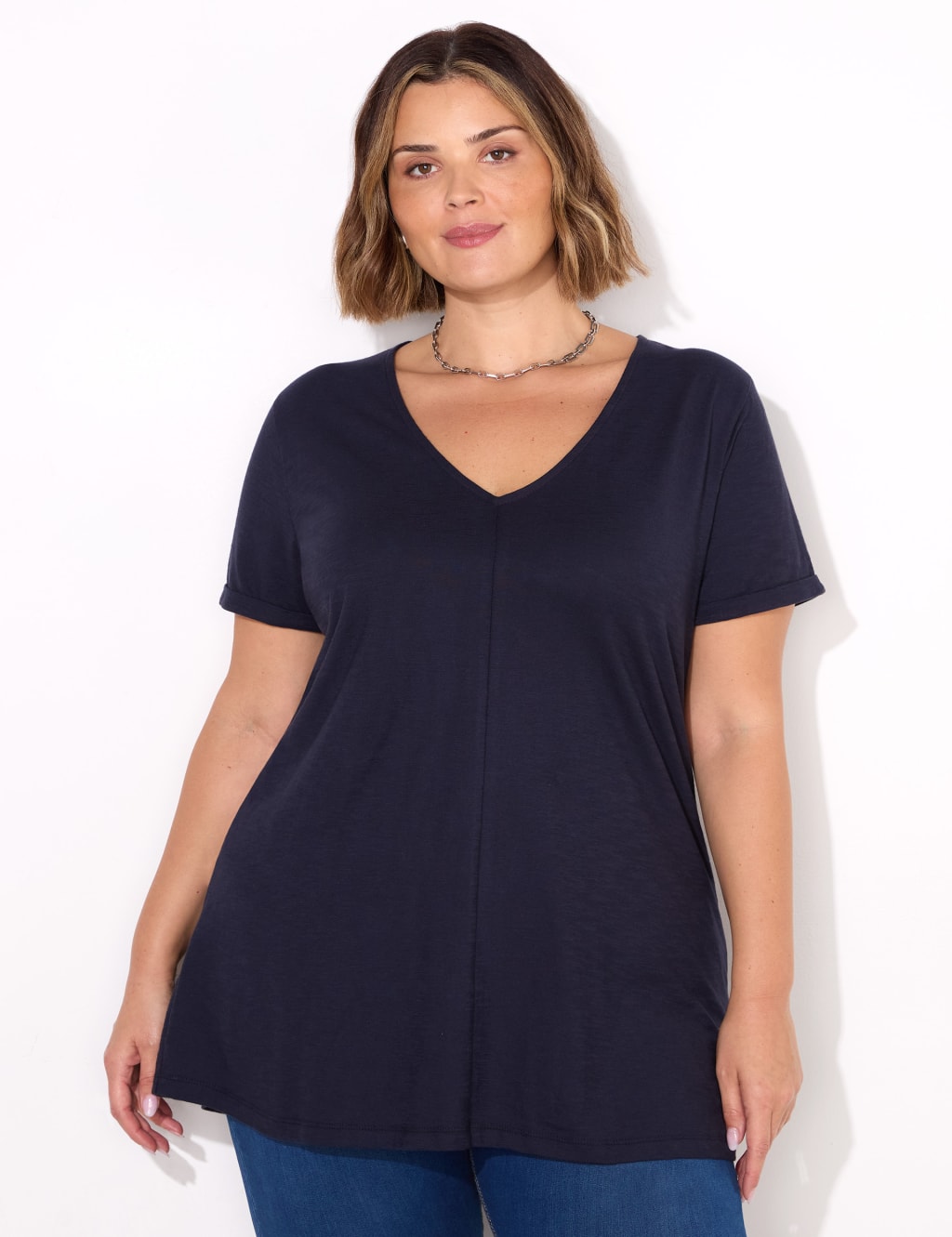 Pure Cotton V-Neck Longline T-Shirt 1 of 3