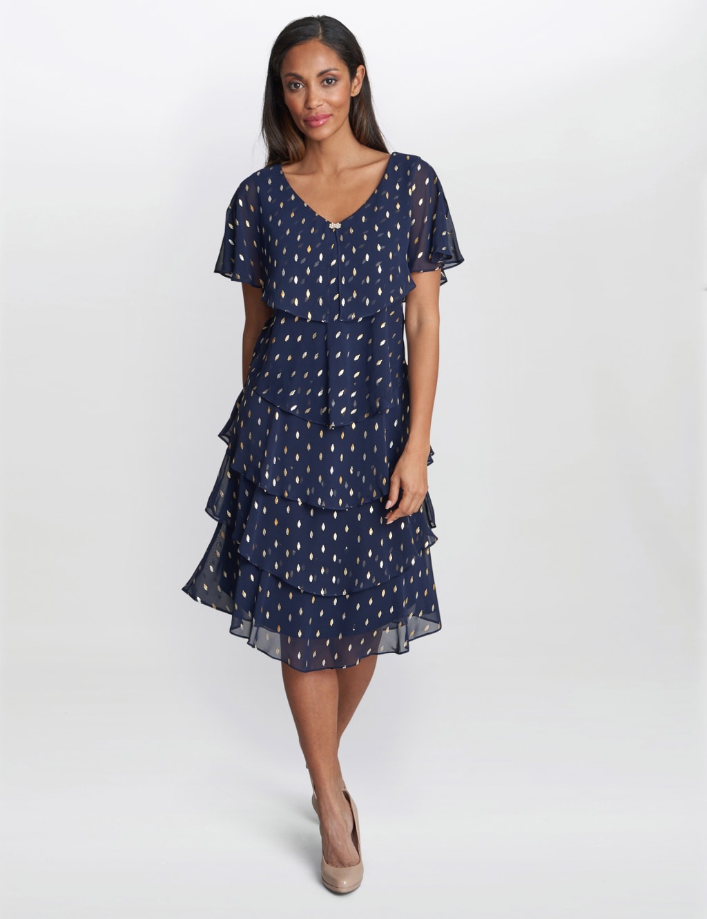 Chiffon Foil V Neck Tiered Dress Gina Bacconi M S