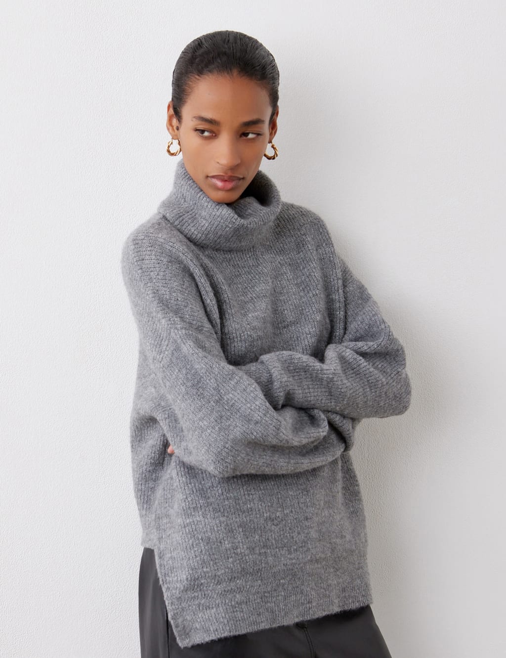 Rolled neck overlap hem sweater shop