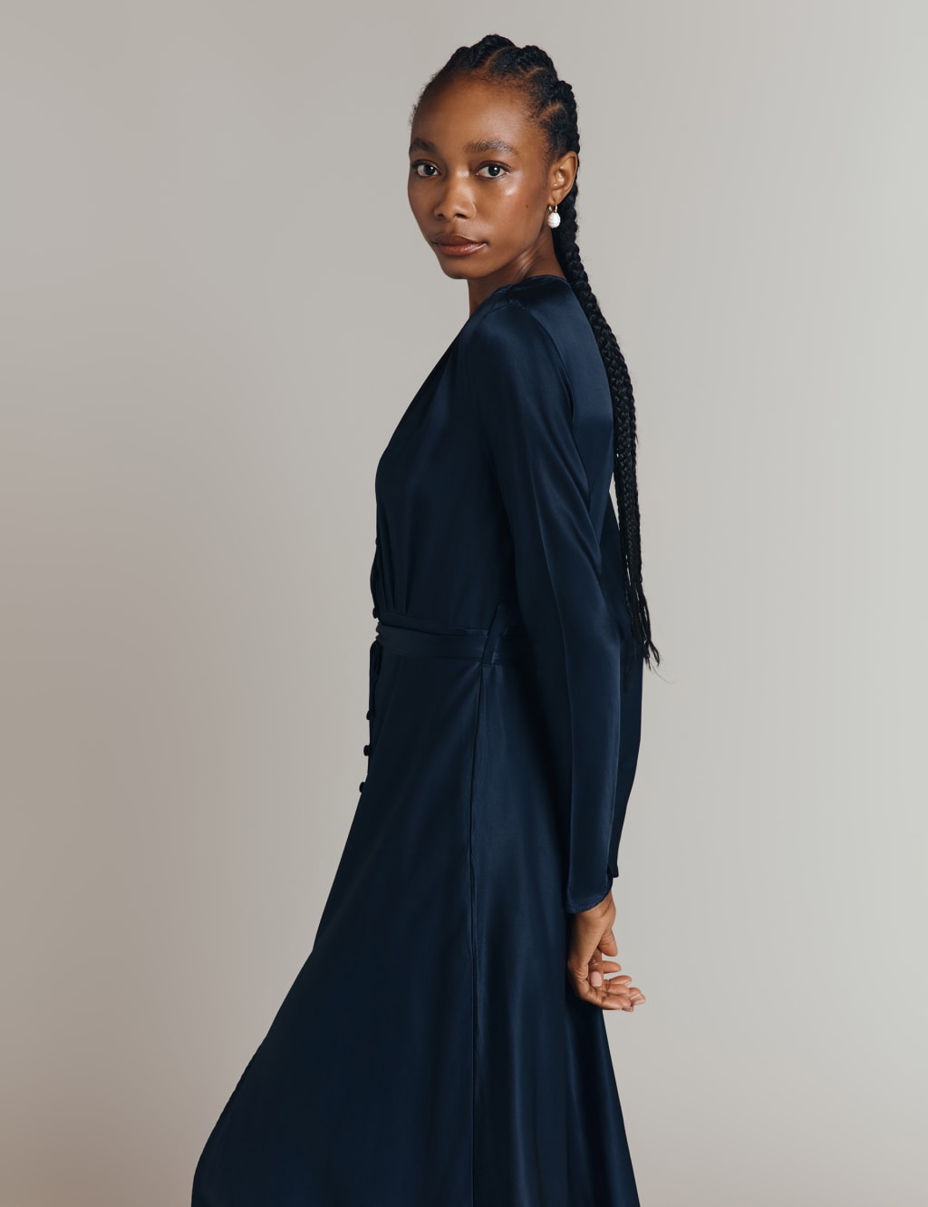 Satin V-Neck Belted Midi Waisted Dress 2 of 5
