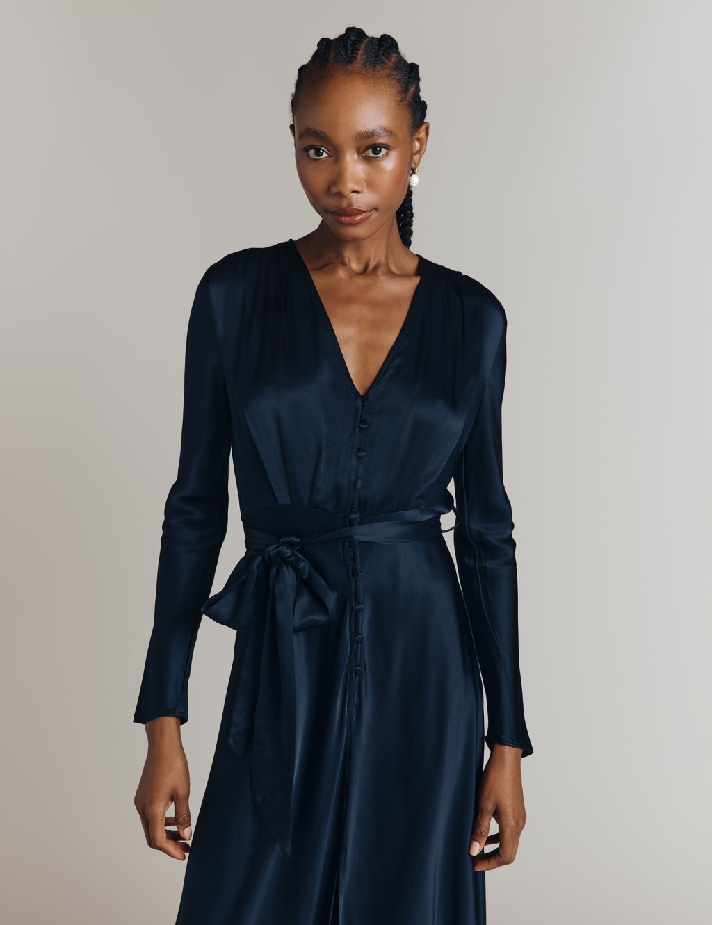 Satin V-Neck Belted Midi Waisted Dress 3 of 5