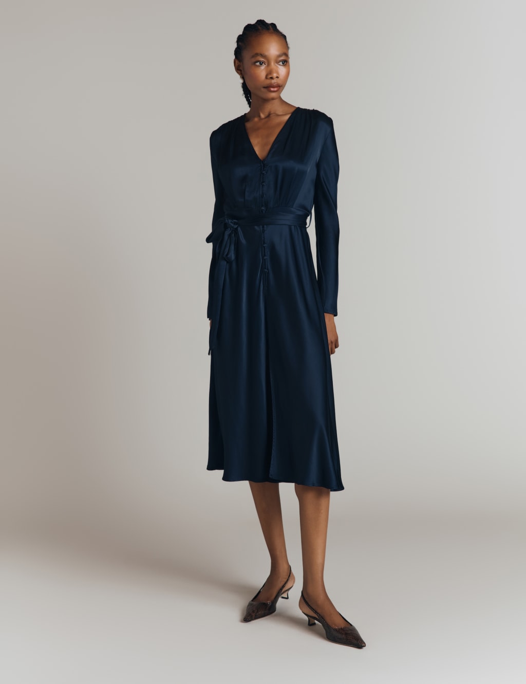 Satin V-Neck Belted Midi Waisted Dress 4 of 5