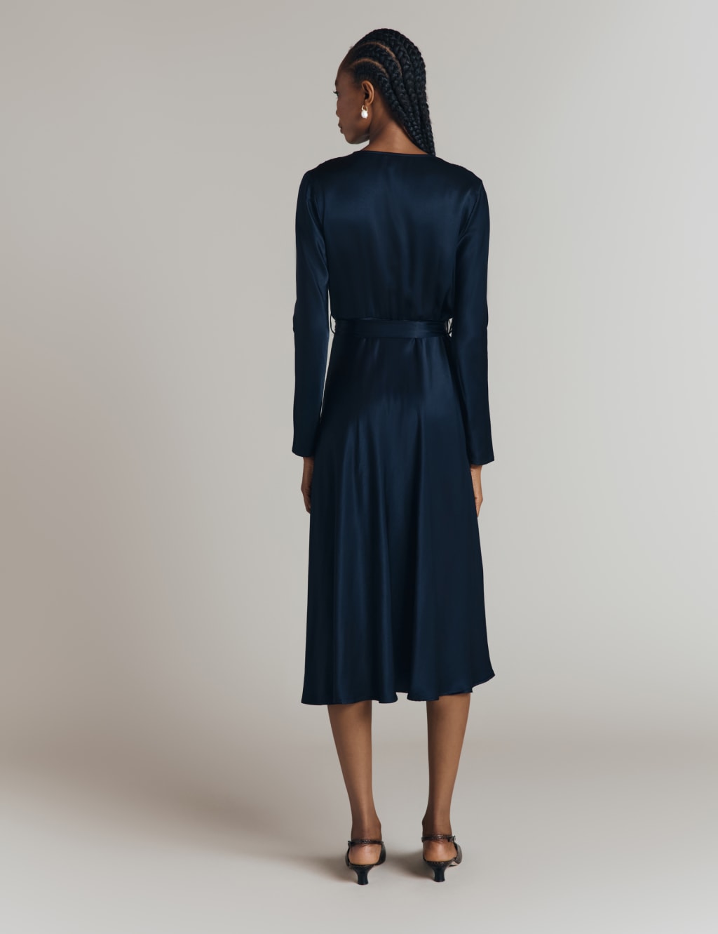 Satin V-Neck Belted Midi Waisted Dress 5 of 5