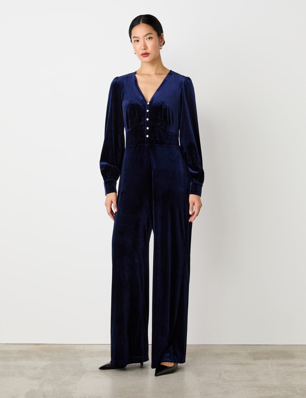 Velvet Button Front Wide Leg Jumpsuit 1 of 4