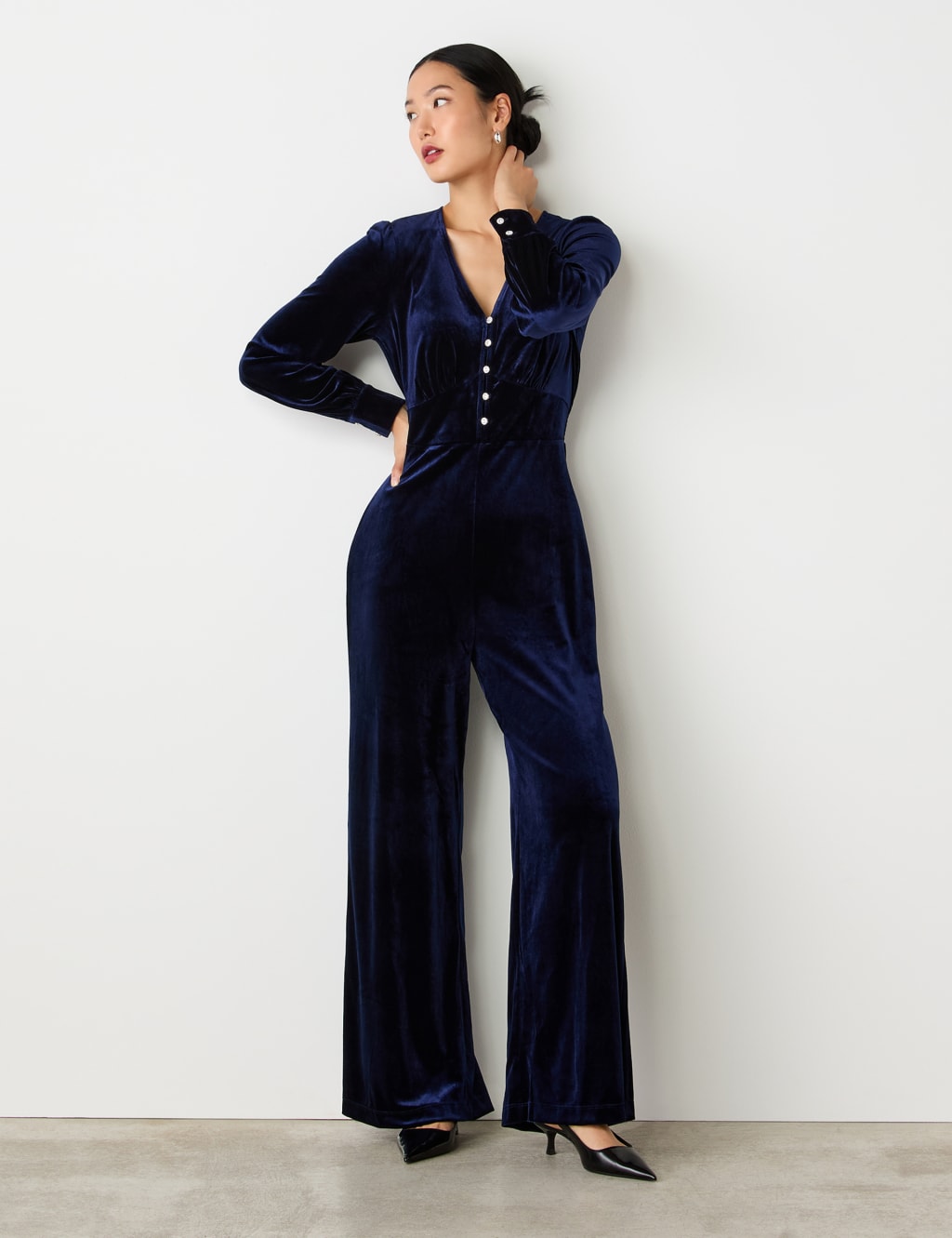 Velvet Button Front Wide Leg Jumpsuit 3 of 4