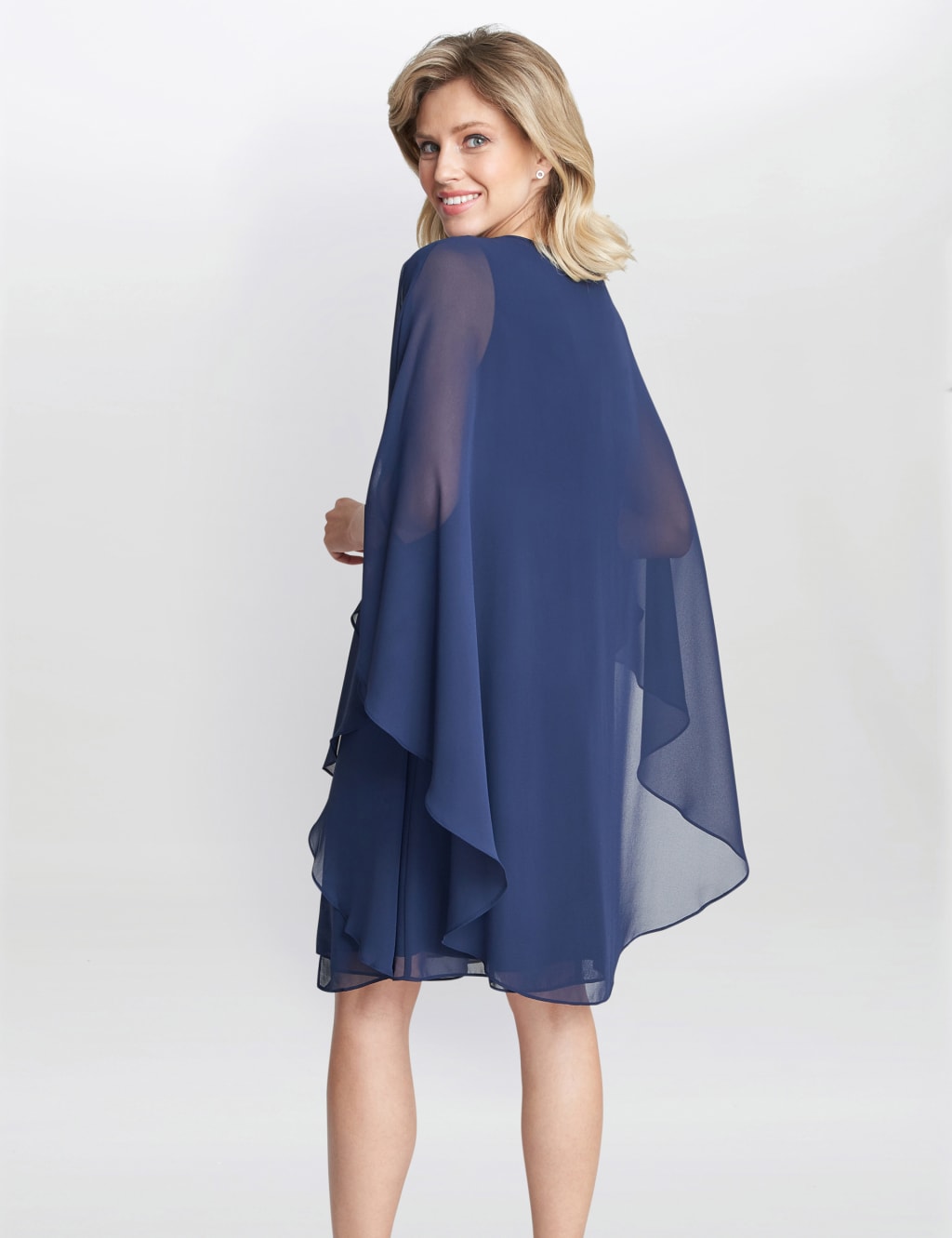 Chiffon Embellished Shift Dress with Cape 3 of 6