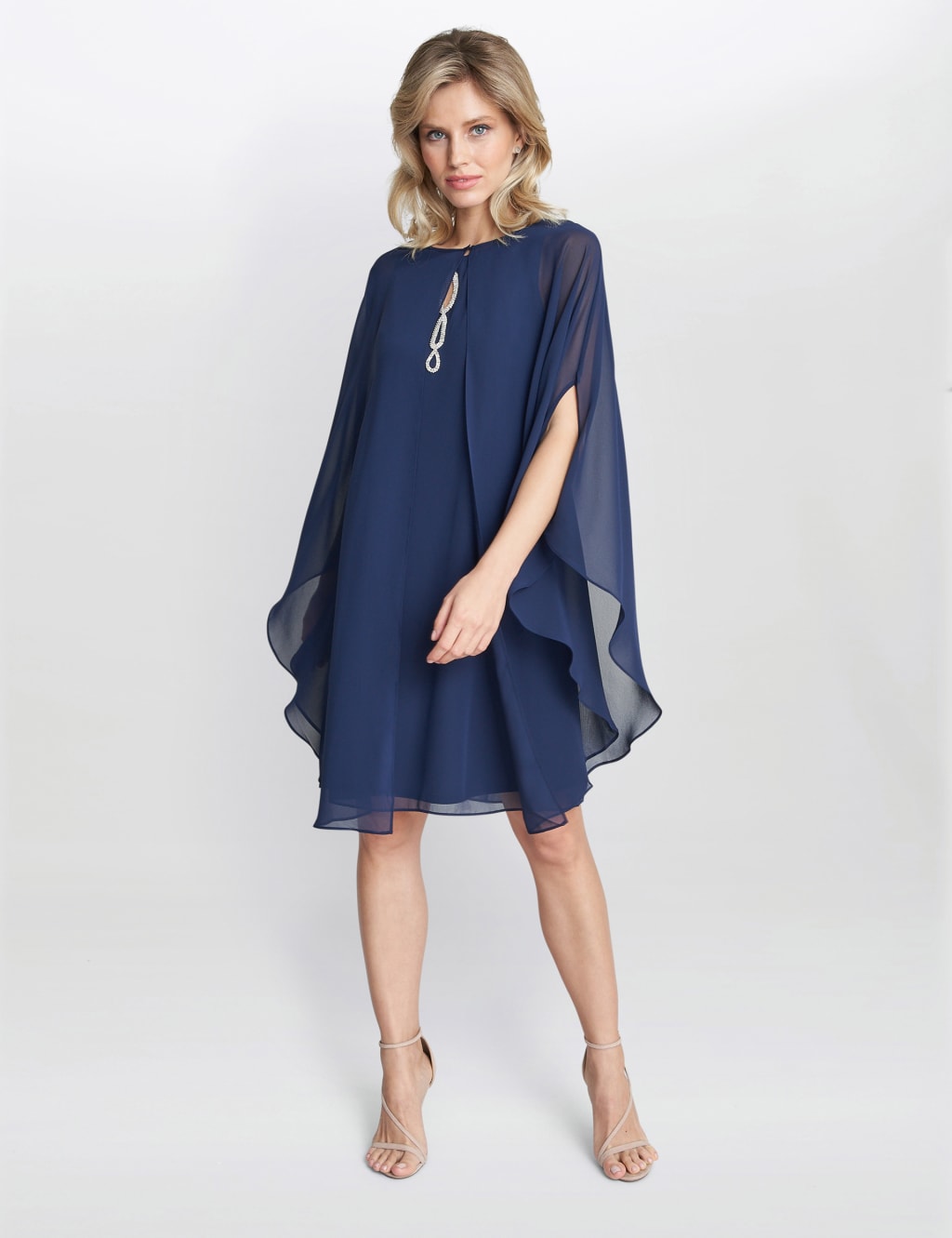 Chiffon Embellished Shift Dress with Cape 4 of 6