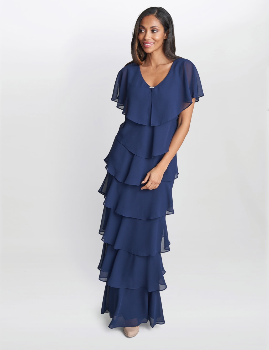 Embellished V Neck Maxi Tiered Dress Gina Bacconi M S
