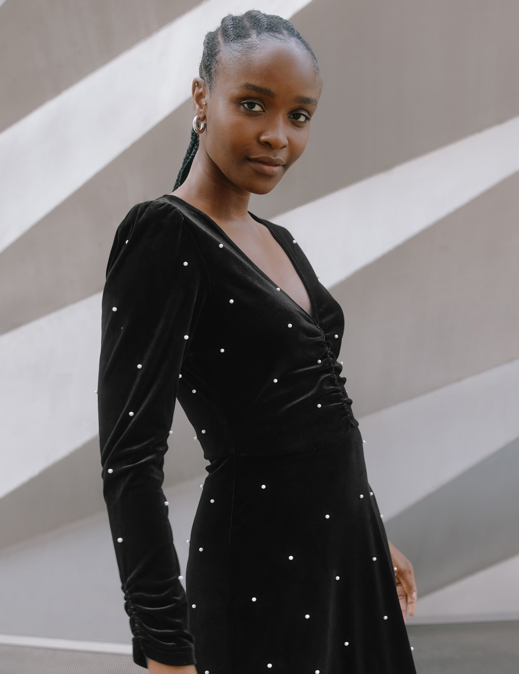 Velvet Embellished V Neck Midi Skater Dress Albaray M S