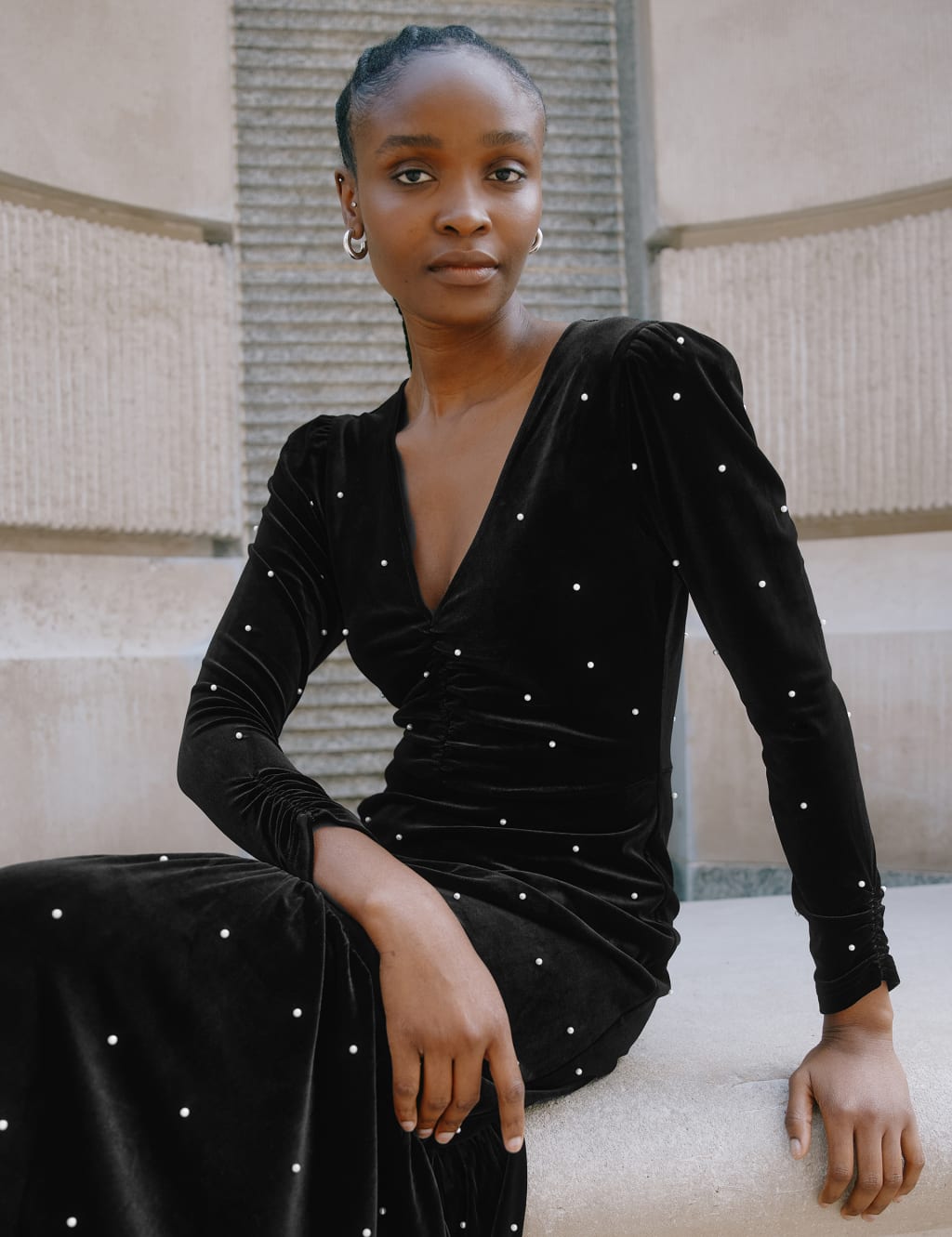 Velvet Embellished V Neck Midi Skater Dress Albaray M S