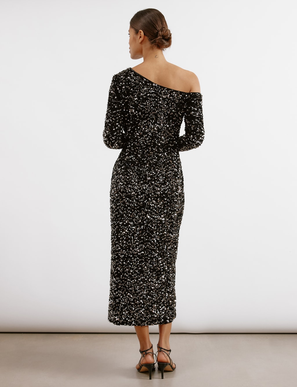 Velvet Sequin One Shoulder Midi Bodycon Dress Albaray M S