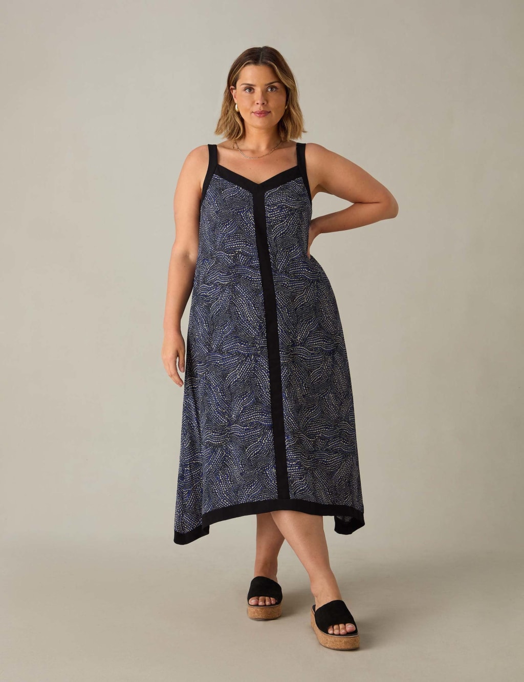 Printed V Neck Midi Swing Dress