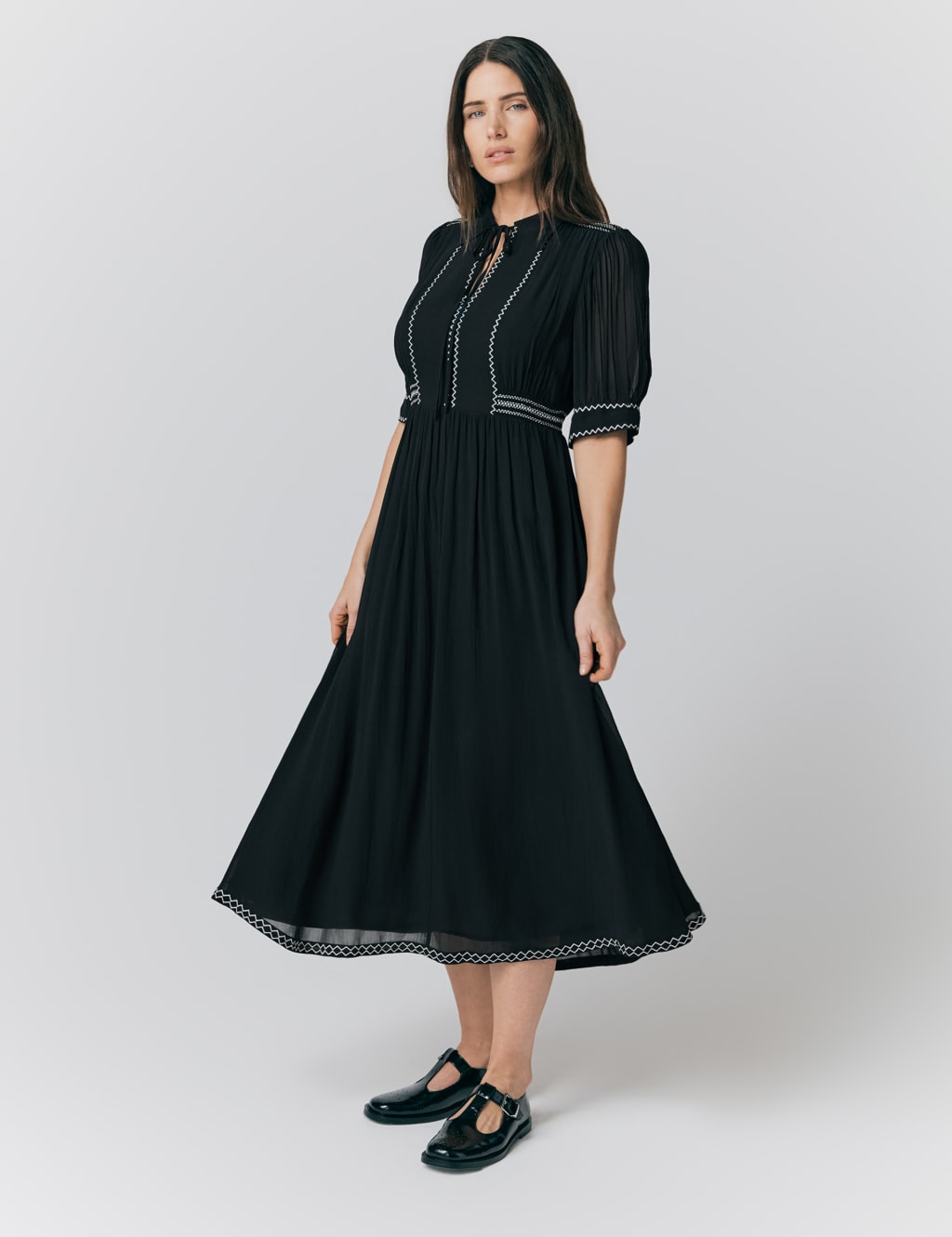 Embroidered Tie Neck Midi Smock Dress 3 of 5