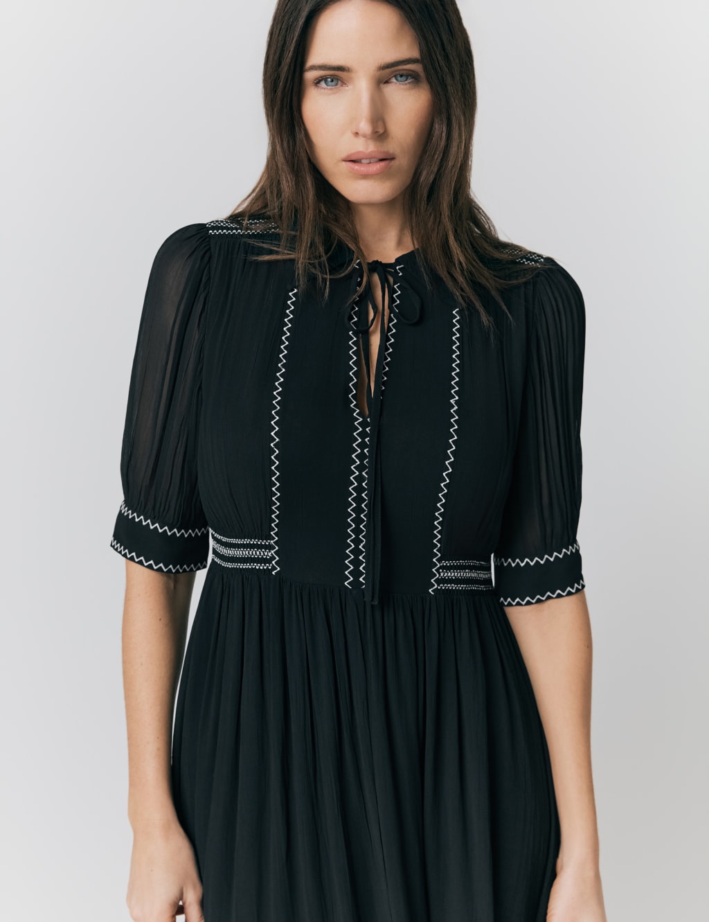 Embroidered Tie Neck Midi Smock Dress 4 of 5