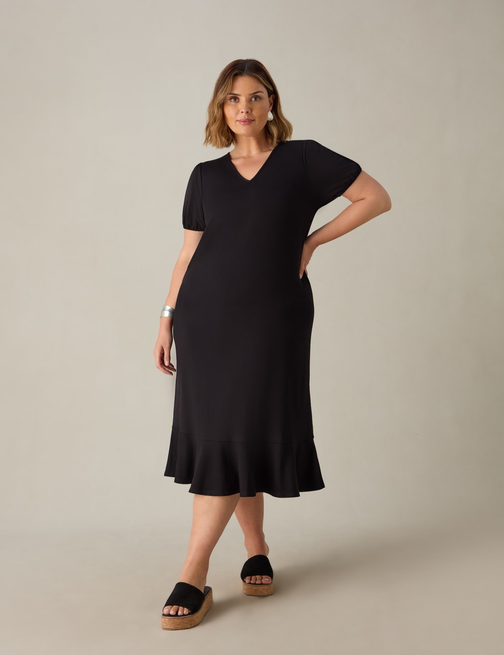 Jersey V Neck Midi Swing Dress