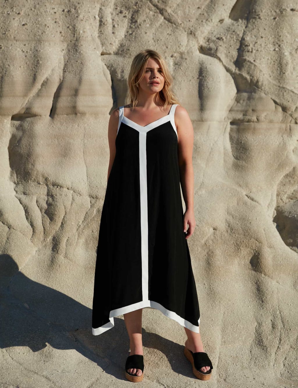 Jersey Colour Block V Neck Midi Swing Dress