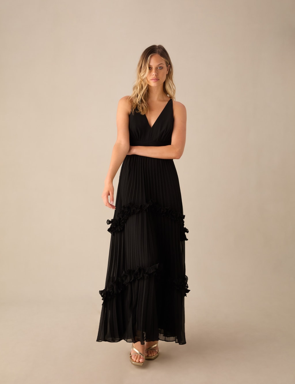 V-Neck Pleated Frill Detail Maxi Tiered Dress | RO&ZO | M&S