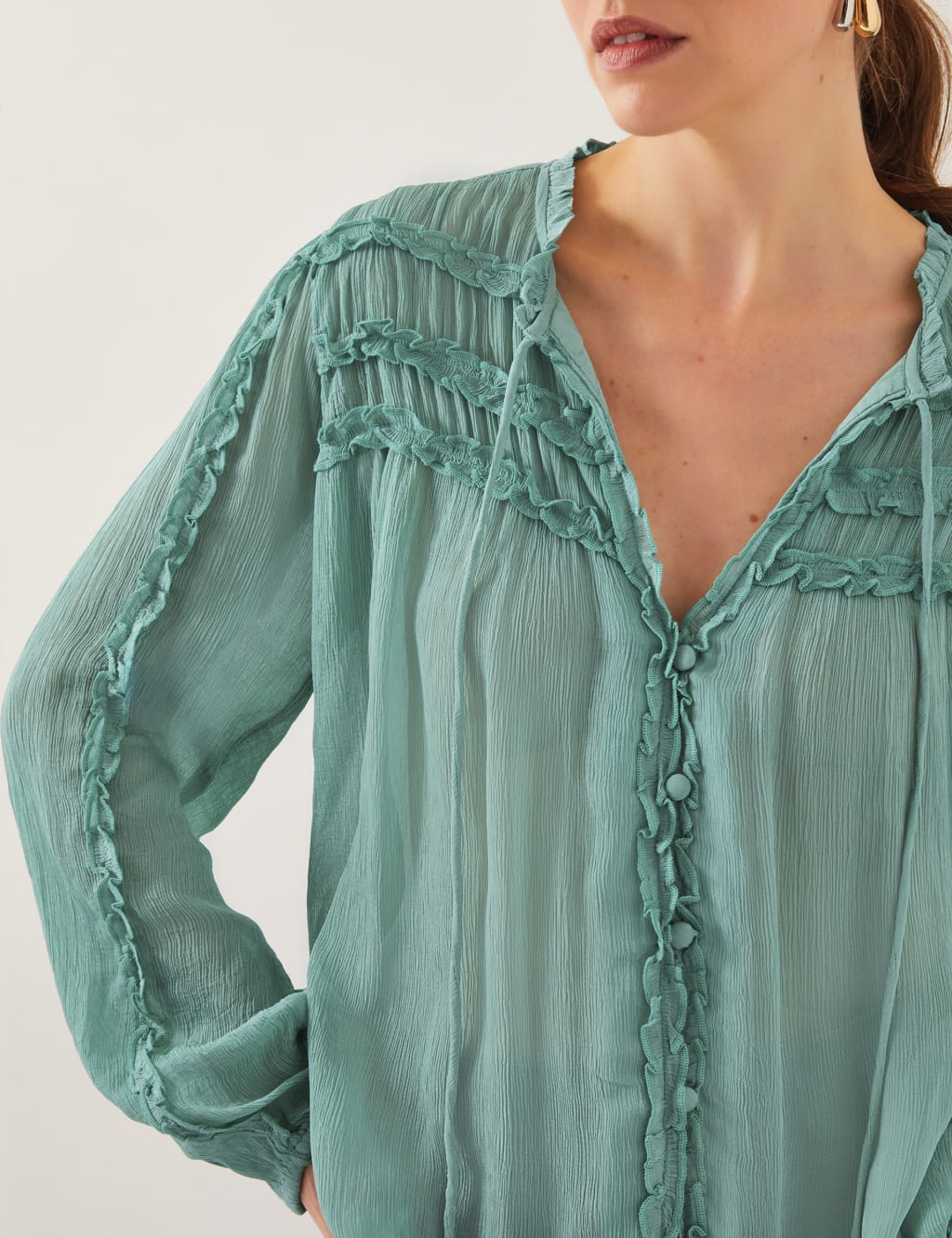 Tie Neck Button Through Ruffle Blouse 3 of 4