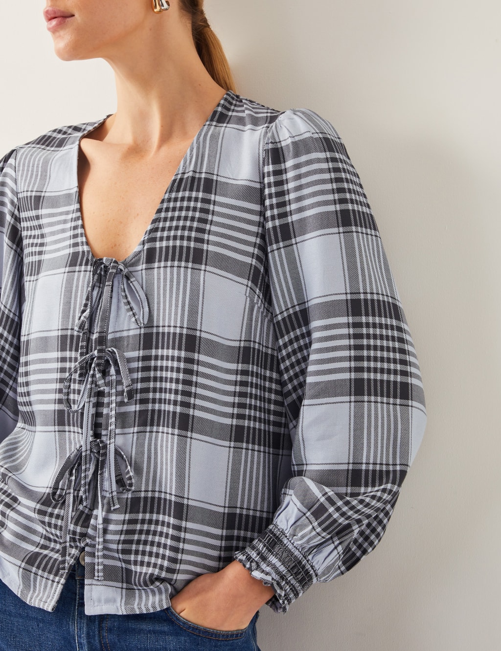 Checked V-Neck Tie Front Puff Sleeve Blouse 2 of 4