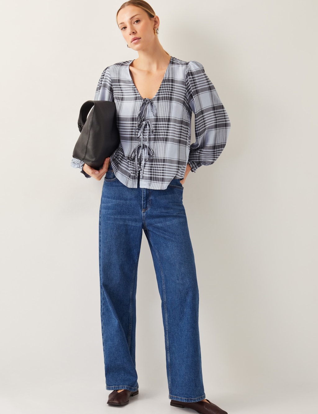 Checked V-Neck Tie Front Puff Sleeve Blouse 3 of 4