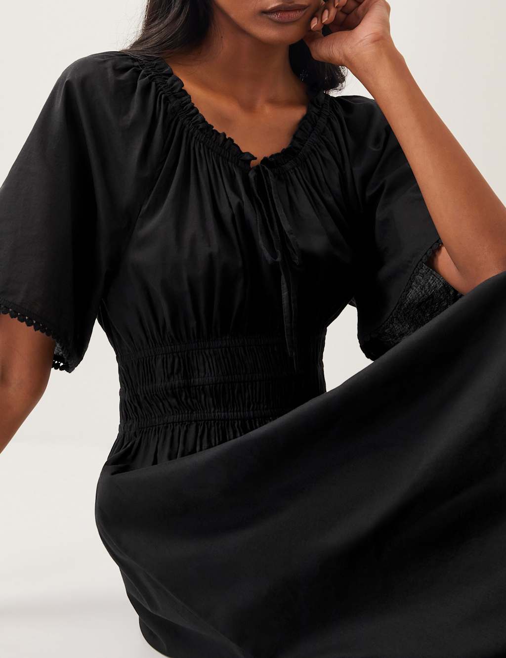 Pure Cotton Tie Neck Midi Waisted Dress 4 of 5