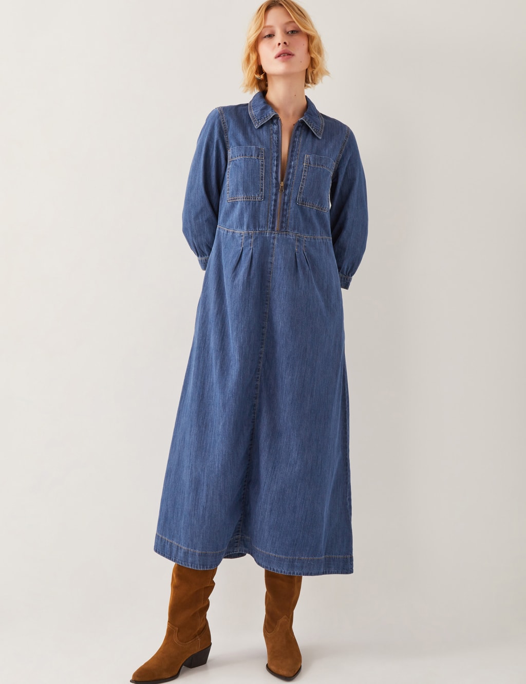 Denim Zip Up Midi Shirt Dress 1 of 5