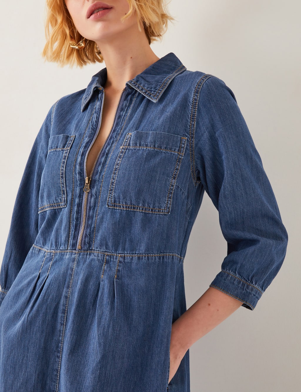 Denim Zip Up Midi Shirt Dress 3 of 5
